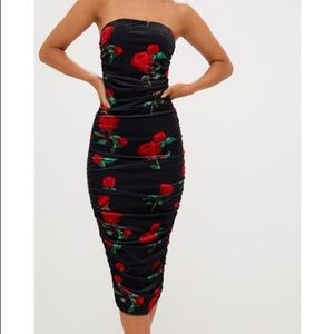 Black Floral Printed Velvet Ruched Bandeau Midi